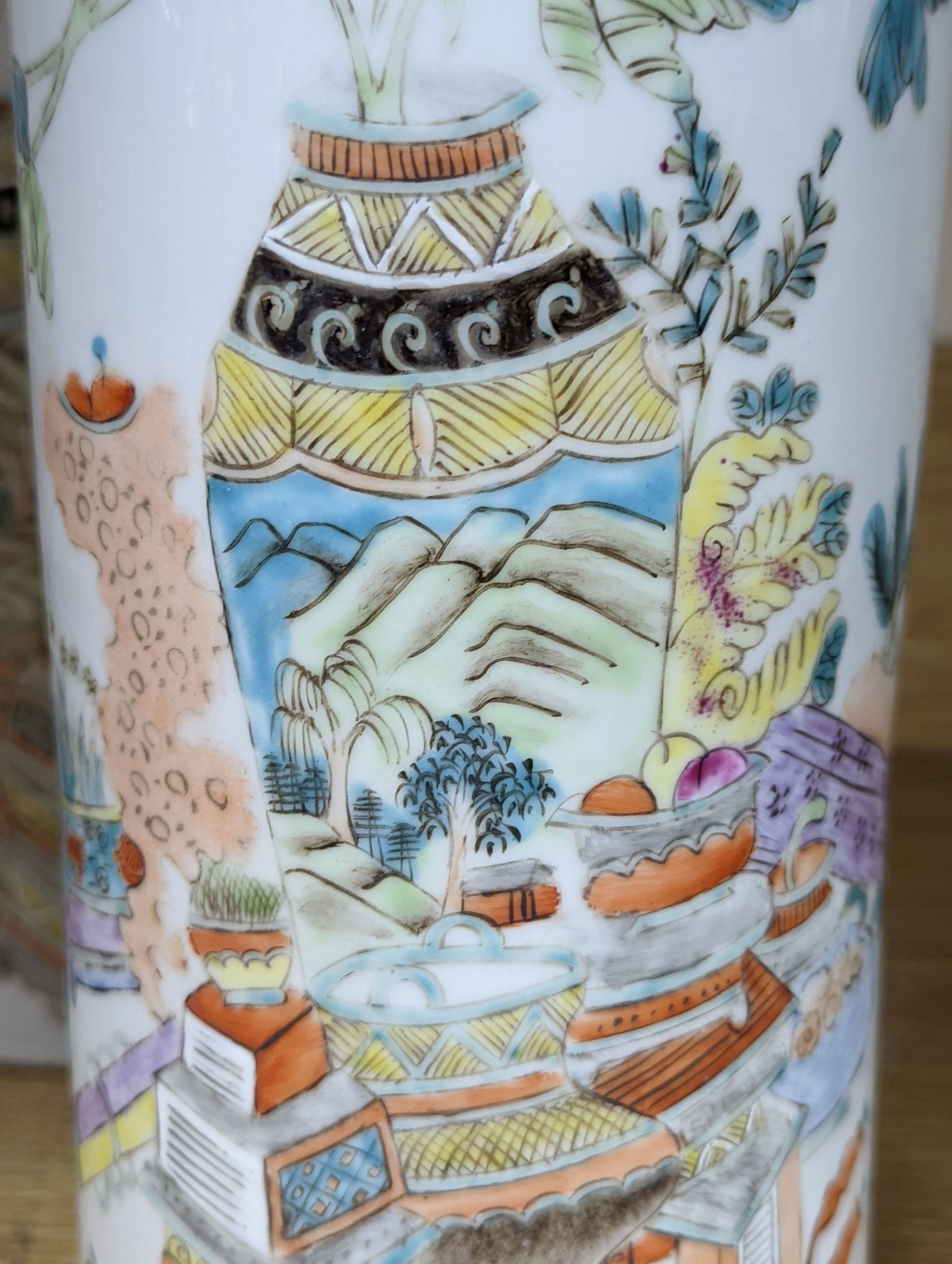 A pair of Chinese famille rose cylindrical vases 27cm